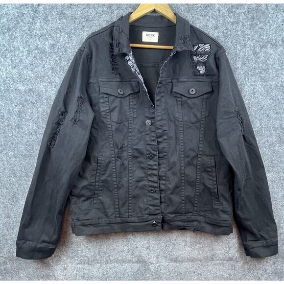 KDNK Denim Jacket Mens Extra Large Black Ripped Thrashed Paisley Grunge Rocker - Picture 1 of 7